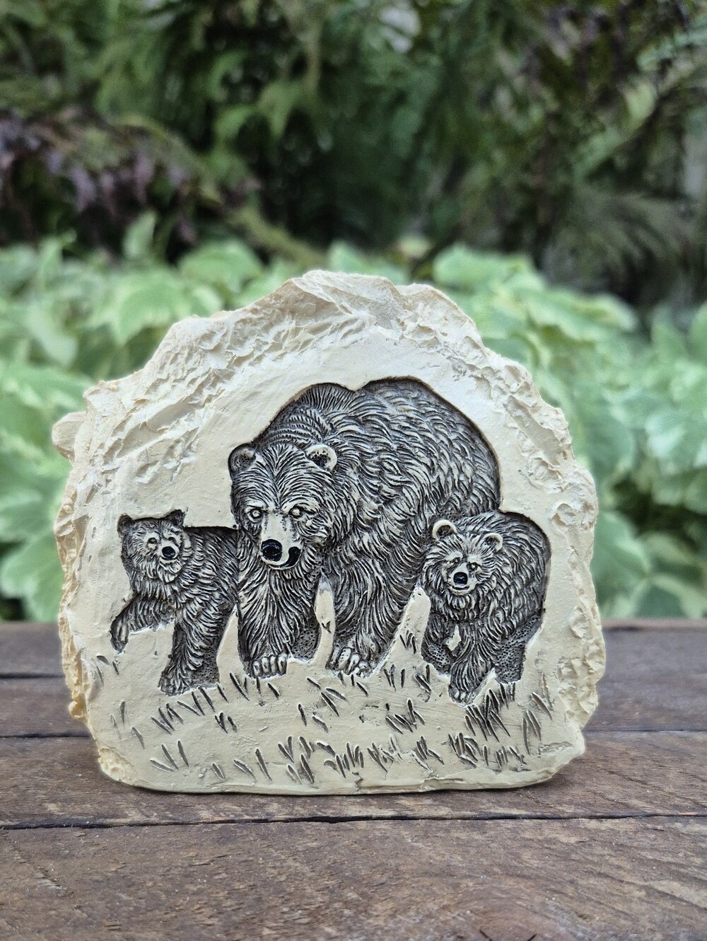 Vintage Faux Stone Bear Family Resin Figurine - Mother Bear and Cubs 4"